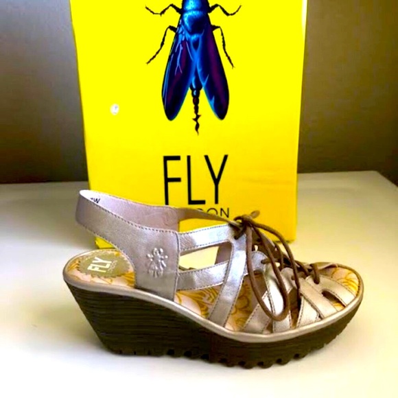 Amazon.com | Fly London Women NWT FLY LONDON Yapi Silver Platform Wedge Sandal Ghillie Lace-up 6 MSRP $250